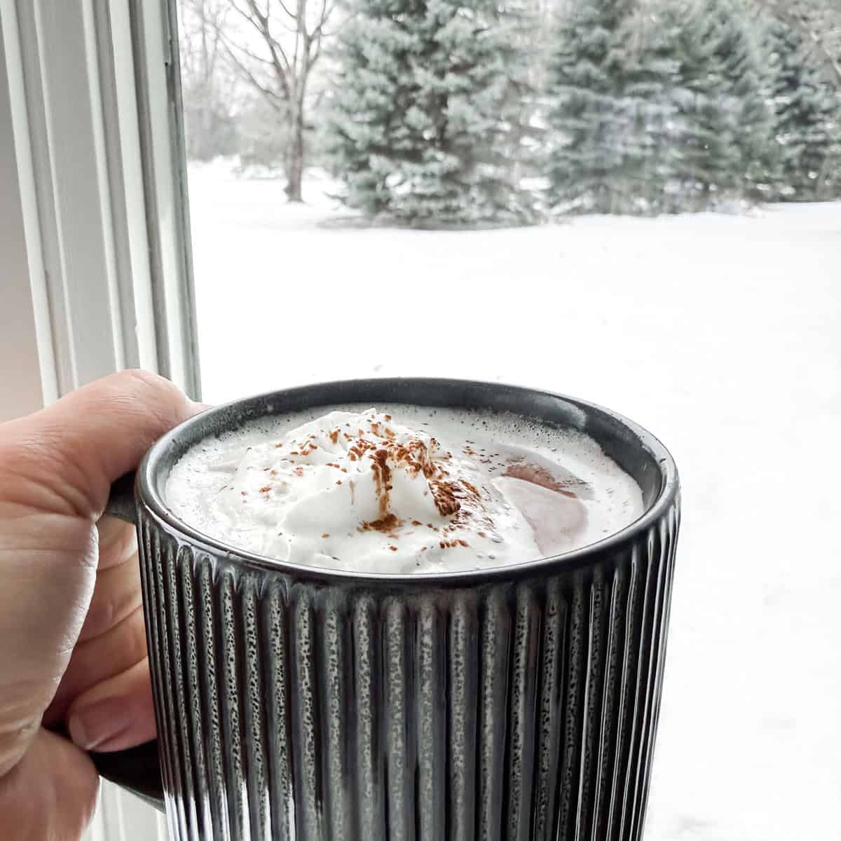 Tonia Larson holding a mug of slow cooker hot chocolate.