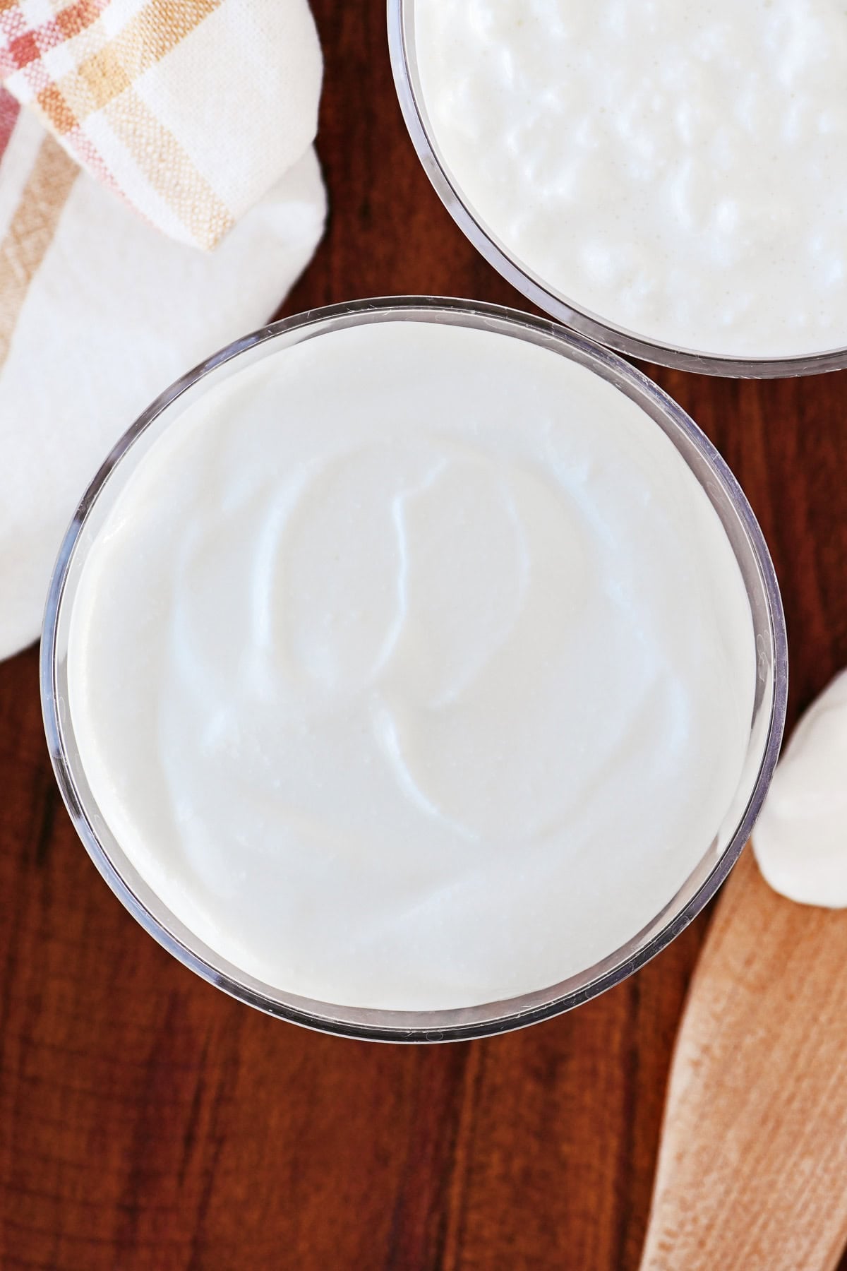 A small bowl of blended cottage cheese and a small bowl of cottage cheese.