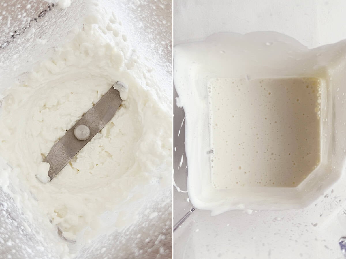 Blending cottage cheese in high-speed blender.