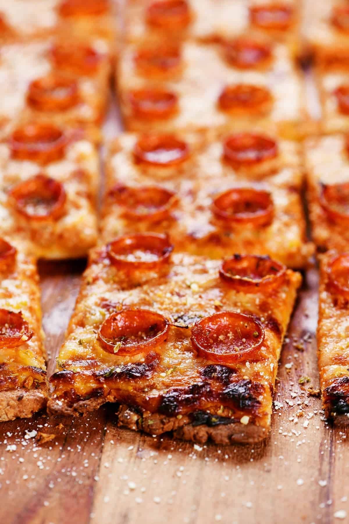 Cottage cheese pizza topped with pepperoni.