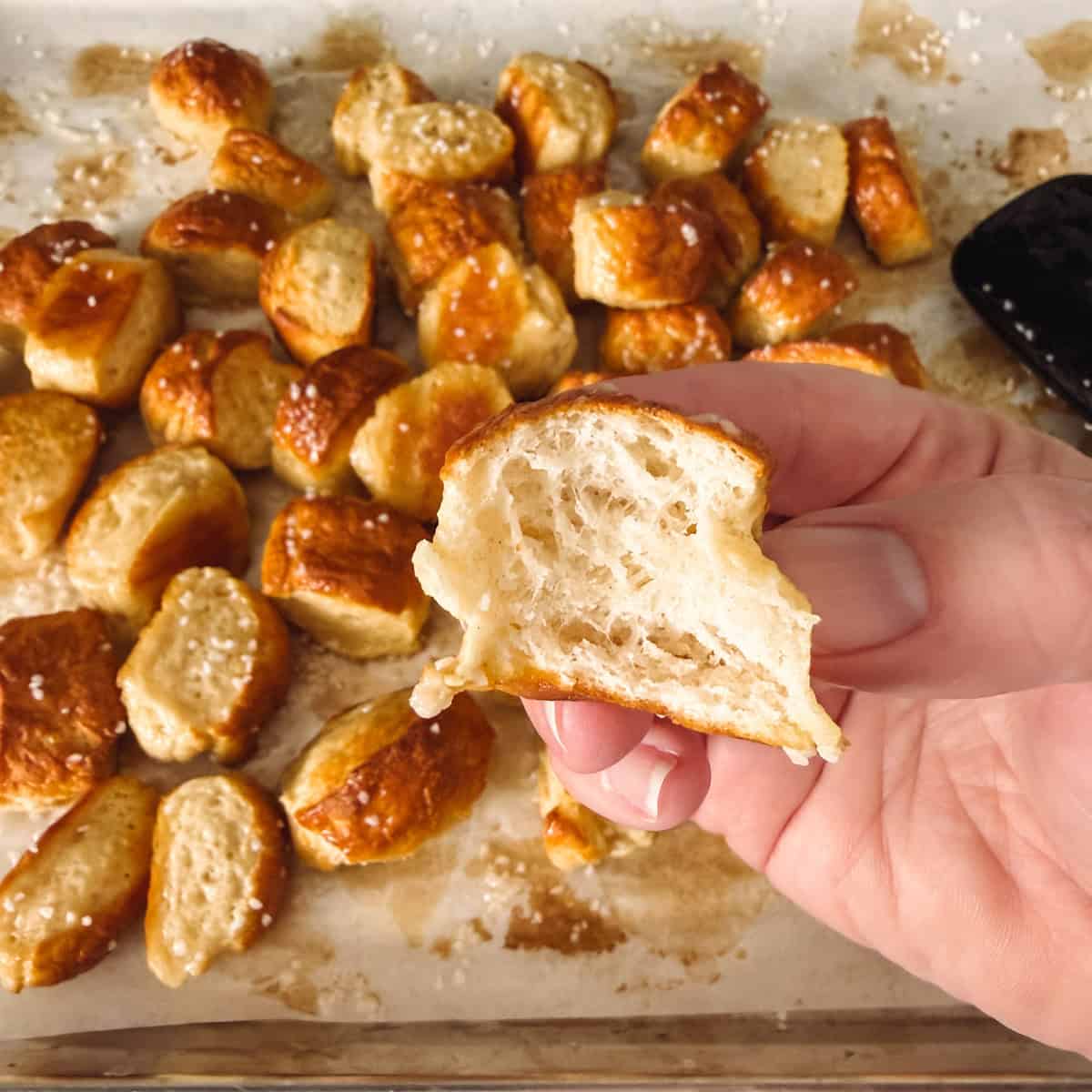 A hand holding a cottage cheese pretzel bite showing the interior texture.