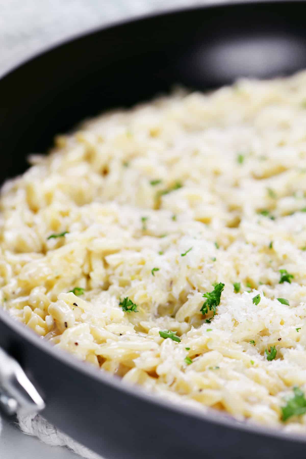 Lemon alfredo sauce on orzo in a skillet.