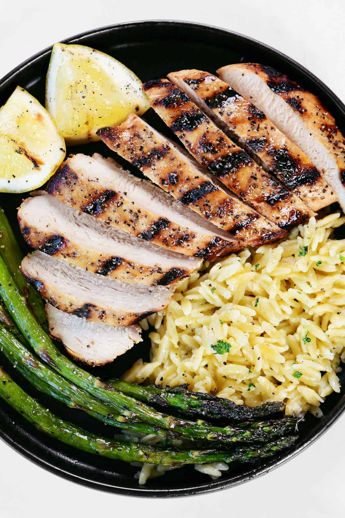Lemon pepper chicken with lemon orzo.