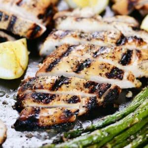 Lemon pepper chicken marinade grilled chicken sliced and plated.