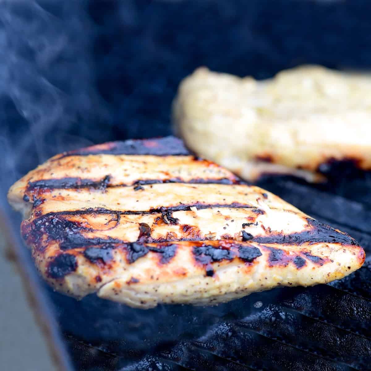 Chicken breasts cooking on the grill..