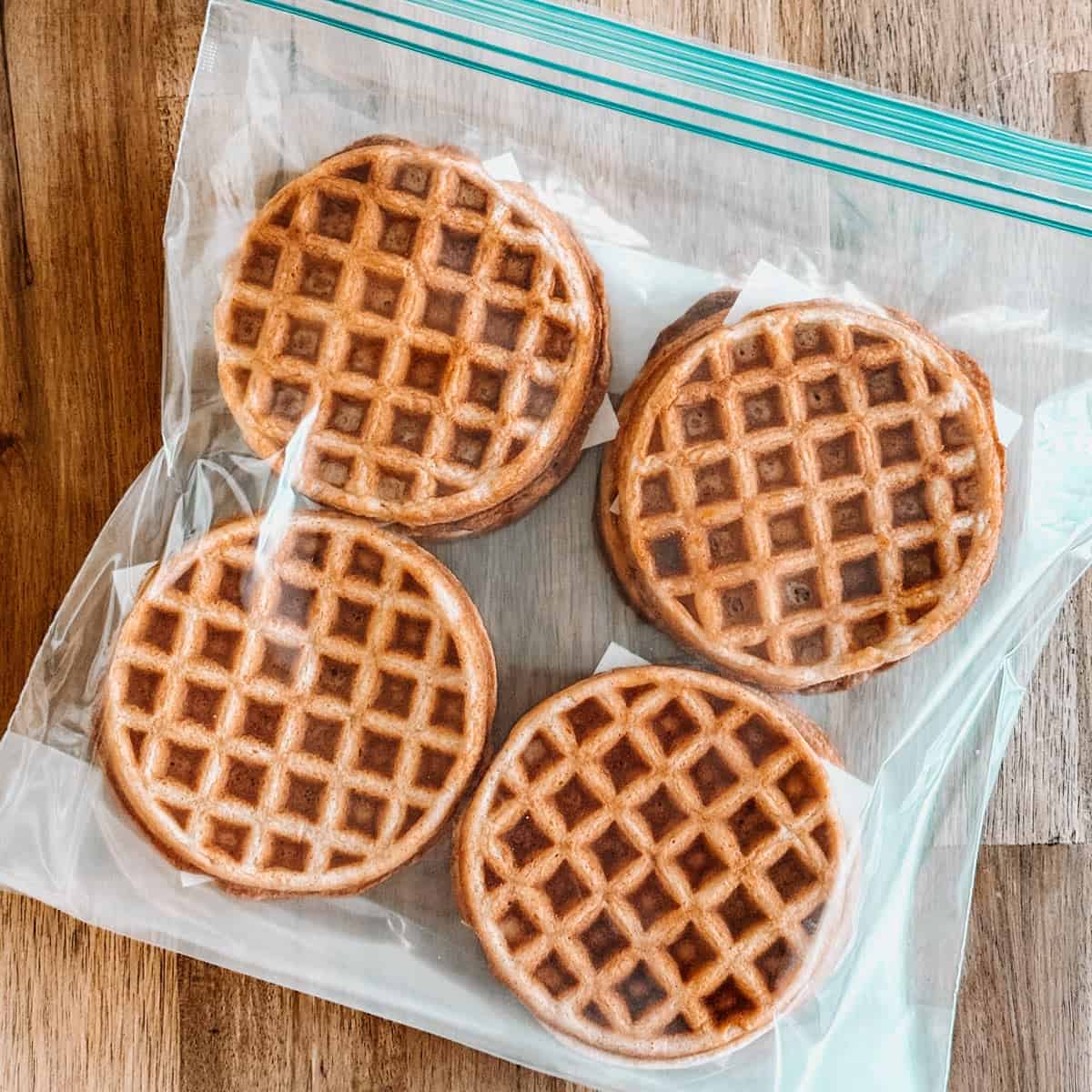 Cottage cheese waffles in a freezer bag.