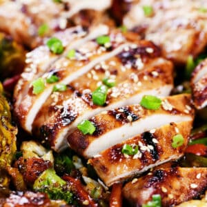 Teriyaki chicken marinade on sliced chicken breast.