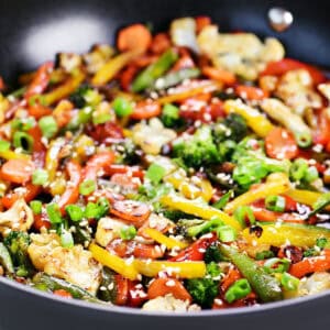 Vegetable stir fry in a skillet.